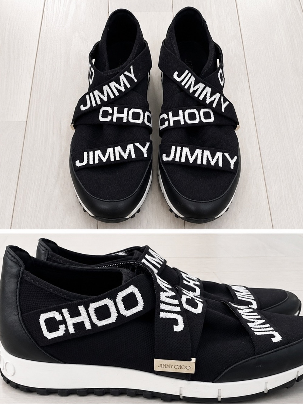 Jimmy Choo Toronto Logo Strap Slip-On Sneakers Black White Women’s Size 9